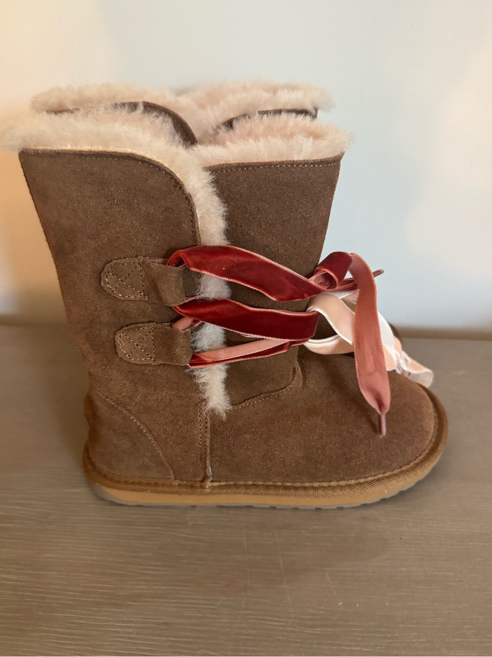 Emu Kids Brown Suede Winter Boots with Pink Ribbon Laces